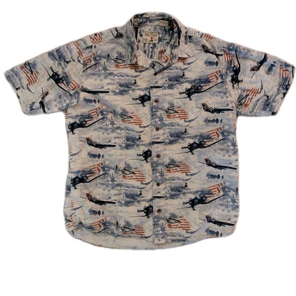 Red Head Large Button Up Shirt Patriotic WWII Fighter Plane Americana Short Slee